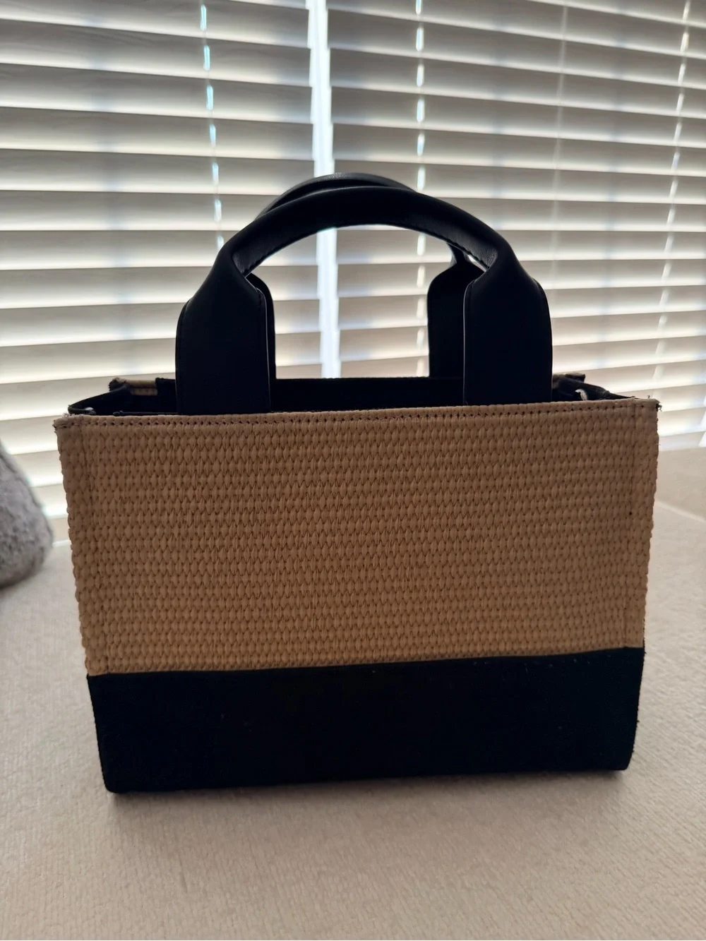 DKNY Black and Natural Straw Mini Tote